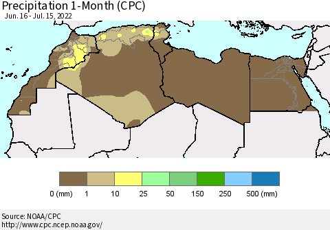 North Africa Precipitation 1-Month (CPC) Thematic Map For 6/16/2022 - 7/15/2022