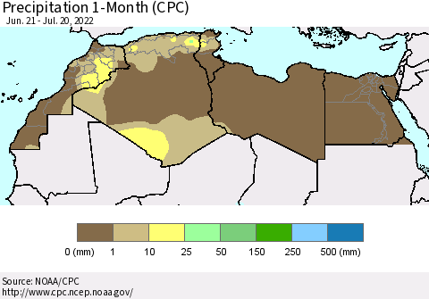 North Africa Precipitation 1-Month (CPC) Thematic Map For 6/21/2022 - 7/20/2022