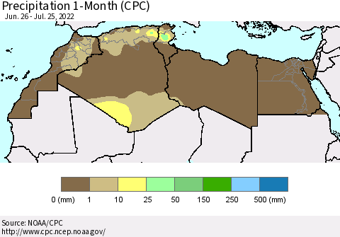 North Africa Precipitation 1-Month (CPC) Thematic Map For 6/26/2022 - 7/25/2022