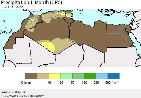 North Africa Precipitation 1-Month (CPC) Thematic Map For 7/1/2022 - 7/31/2022