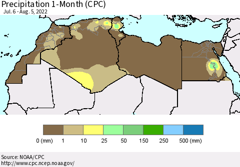 North Africa Precipitation 1-Month (CPC) Thematic Map For 7/6/2022 - 8/5/2022