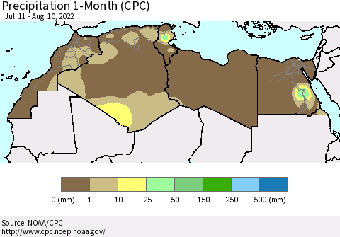 North Africa Precipitation 1-Month (CPC) Thematic Map For 7/11/2022 - 8/10/2022
