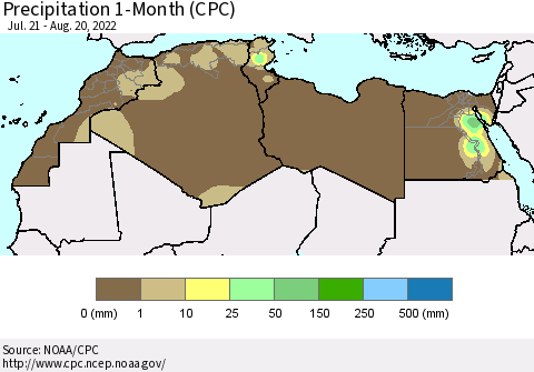 North Africa Precipitation 1-Month (CPC) Thematic Map For 7/21/2022 - 8/20/2022
