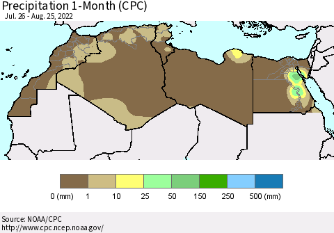 North Africa Precipitation 1-Month (CPC) Thematic Map For 7/26/2022 - 8/25/2022