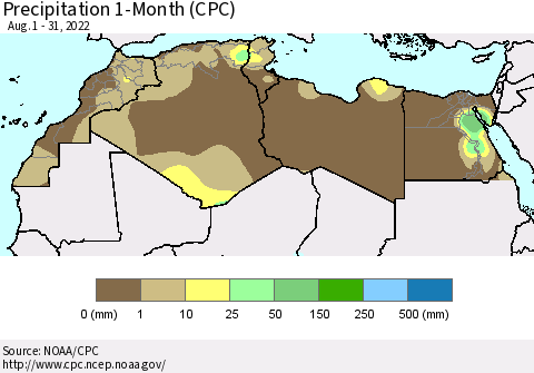 North Africa Precipitation 1-Month (CPC) Thematic Map For 8/1/2022 - 8/31/2022