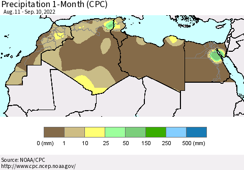 North Africa Precipitation 1-Month (CPC) Thematic Map For 8/11/2022 - 9/10/2022