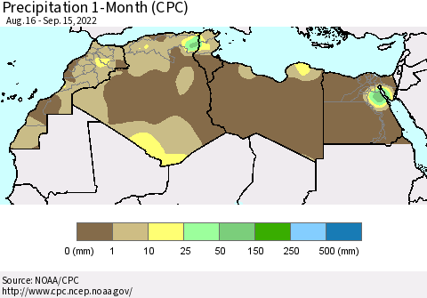 North Africa Precipitation 1-Month (CPC) Thematic Map For 8/16/2022 - 9/15/2022