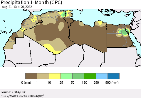 North Africa Precipitation 1-Month (CPC) Thematic Map For 8/21/2022 - 9/20/2022