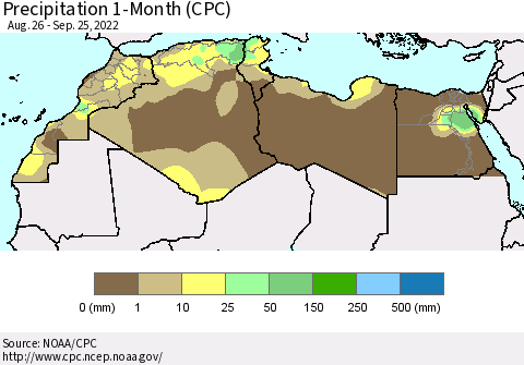 North Africa Precipitation 1-Month (CPC) Thematic Map For 8/26/2022 - 9/25/2022