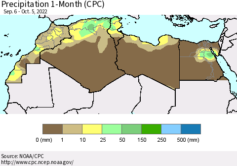 North Africa Precipitation 1-Month (CPC) Thematic Map For 9/6/2022 - 10/5/2022
