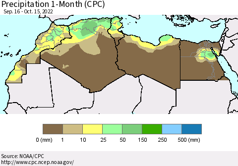 North Africa Precipitation 1-Month (CPC) Thematic Map For 9/16/2022 - 10/15/2022