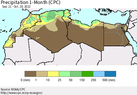 North Africa Precipitation 1-Month (CPC) Thematic Map For 9/21/2022 - 10/20/2022