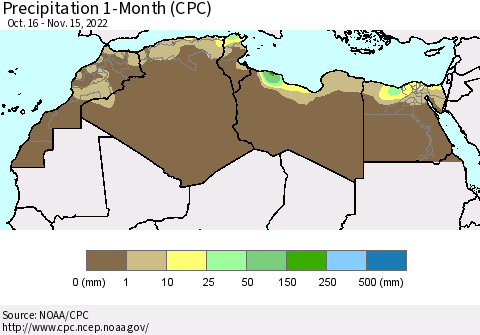 North Africa Precipitation 1-Month (CPC) Thematic Map For 10/16/2022 - 11/15/2022