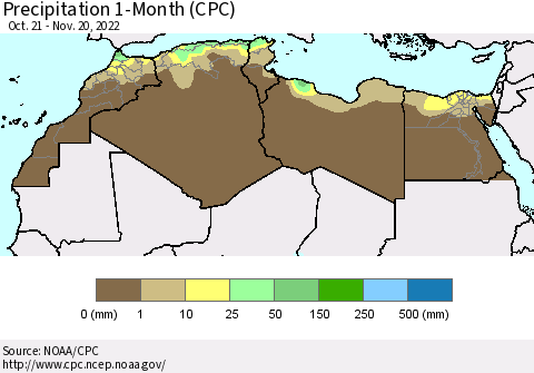 North Africa Precipitation 1-Month (CPC) Thematic Map For 10/21/2022 - 11/20/2022