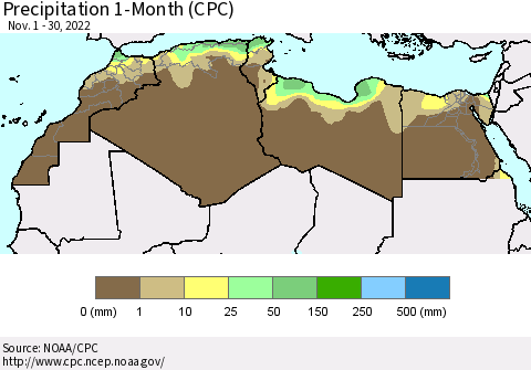 North Africa Precipitation 1-Month (CPC) Thematic Map For 11/1/2022 - 11/30/2022