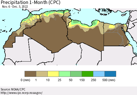 North Africa Precipitation 1-Month (CPC) Thematic Map For 11/6/2022 - 12/5/2022
