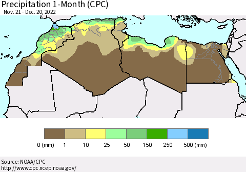 North Africa Precipitation 1-Month (CPC) Thematic Map For 11/21/2022 - 12/20/2022