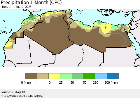 North Africa Precipitation 1-Month (CPC) Thematic Map For 12/11/2022 - 1/10/2023