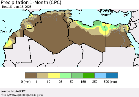 North Africa Precipitation 1-Month (CPC) Thematic Map For 12/16/2022 - 1/15/2023