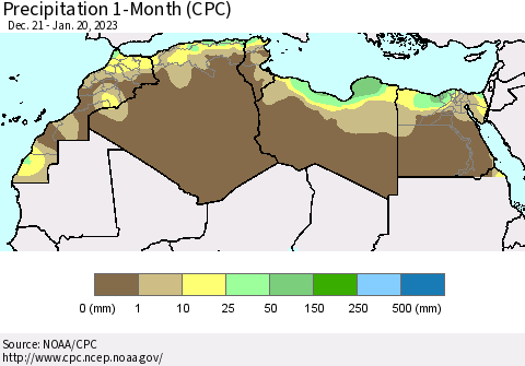 North Africa Precipitation 1-Month (CPC) Thematic Map For 12/21/2022 - 1/20/2023