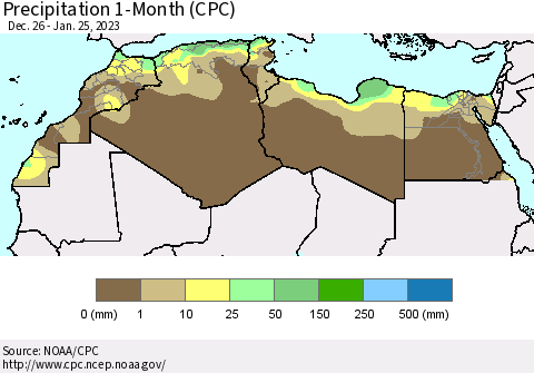North Africa Precipitation 1-Month (CPC) Thematic Map For 12/26/2022 - 1/25/2023