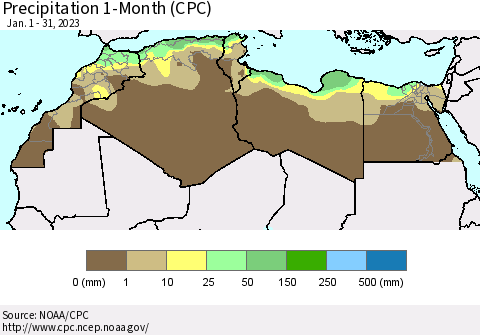 North Africa Precipitation 1-Month (CPC) Thematic Map For 1/1/2023 - 1/31/2023