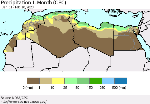 North Africa Precipitation 1-Month (CPC) Thematic Map For 1/11/2023 - 2/10/2023