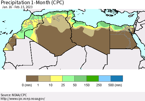 North Africa Precipitation 1-Month (CPC) Thematic Map For 1/16/2023 - 2/15/2023