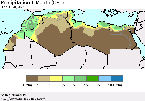 North Africa Precipitation 1-Month (CPC) Thematic Map For 2/1/2023 - 2/28/2023