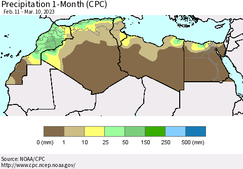 North Africa Precipitation 1-Month (CPC) Thematic Map For 2/11/2023 - 3/10/2023