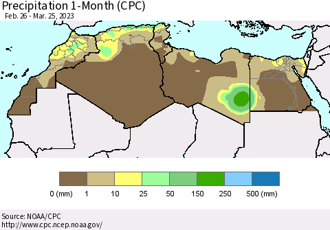 North Africa Precipitation 1-Month (CPC) Thematic Map For 2/26/2023 - 3/25/2023