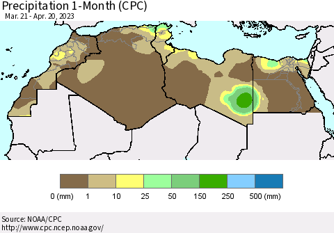 North Africa Precipitation 1-Month (CPC) Thematic Map For 3/21/2023 - 4/20/2023