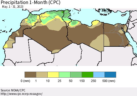 North Africa Precipitation 1-Month (CPC) Thematic Map For 5/1/2023 - 5/31/2023