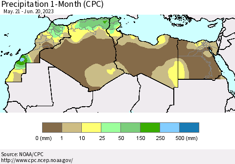 North Africa Precipitation 1-Month (CPC) Thematic Map For 5/21/2023 - 6/20/2023