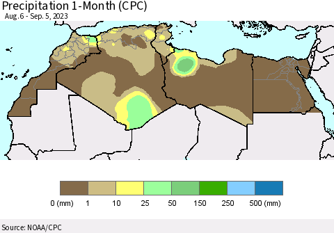 North Africa Precipitation 1-Month (CPC) Thematic Map For 8/6/2023 - 9/5/2023