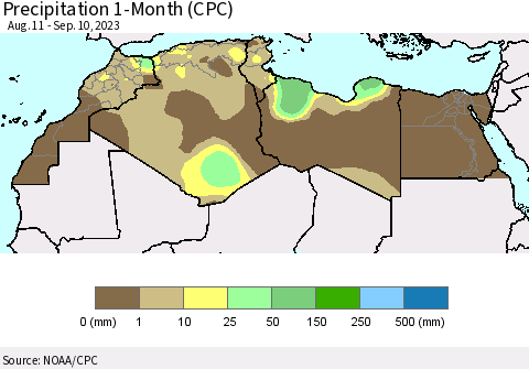 North Africa Precipitation 1-Month (CPC) Thematic Map For 8/11/2023 - 9/10/2023