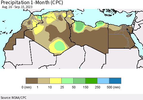 North Africa Precipitation 1-Month (CPC) Thematic Map For 8/16/2023 - 9/15/2023