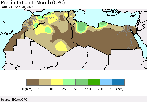 North Africa Precipitation 1-Month (CPC) Thematic Map For 8/21/2023 - 9/20/2023