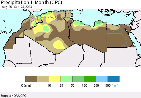 North Africa Precipitation 1-Month (CPC) Thematic Map For 8/26/2023 - 9/25/2023