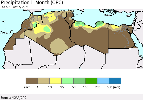 North Africa Precipitation 1-Month (CPC) Thematic Map For 9/6/2023 - 10/5/2023