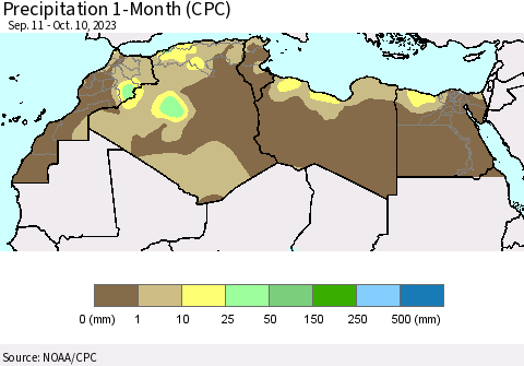 North Africa Precipitation 1-Month (CPC) Thematic Map For 9/11/2023 - 10/10/2023