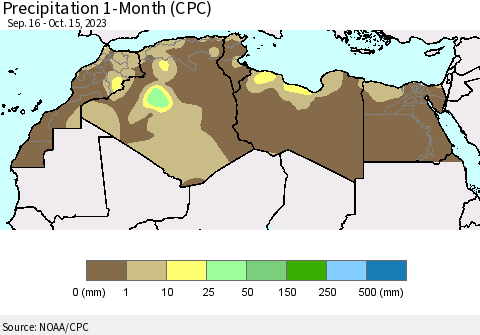 North Africa Precipitation 1-Month (CPC) Thematic Map For 9/16/2023 - 10/15/2023