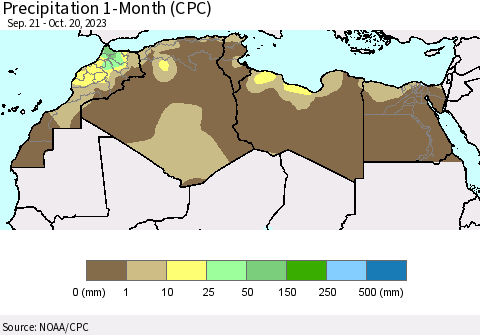 North Africa Precipitation 1-Month (CPC) Thematic Map For 9/21/2023 - 10/20/2023