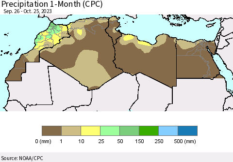 North Africa Precipitation 1-Month (CPC) Thematic Map For 9/26/2023 - 10/25/2023