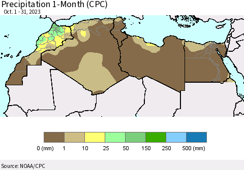 North Africa Precipitation 1-Month (CPC) Thematic Map For 10/1/2023 - 10/31/2023