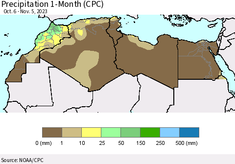 North Africa Precipitation 1-Month (CPC) Thematic Map For 10/6/2023 - 11/5/2023