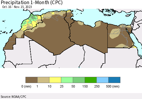 North Africa Precipitation 1-Month (CPC) Thematic Map For 10/16/2023 - 11/15/2023