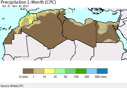North Africa Precipitation 1-Month (CPC) Thematic Map For 10/21/2023 - 11/20/2023