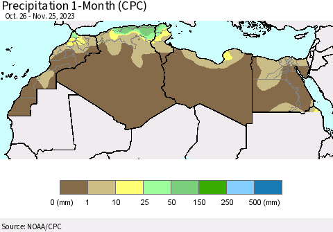 North Africa Precipitation 1-Month (CPC) Thematic Map For 10/26/2023 - 11/25/2023