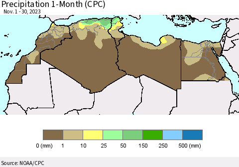 North Africa Precipitation 1-Month (CPC) Thematic Map For 11/1/2023 - 11/30/2023